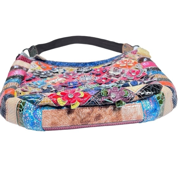 TRESKA Multi Colored 3D Leather Floral Rhinestone Patchwork Shoulder Bag - Picture 8 of 16